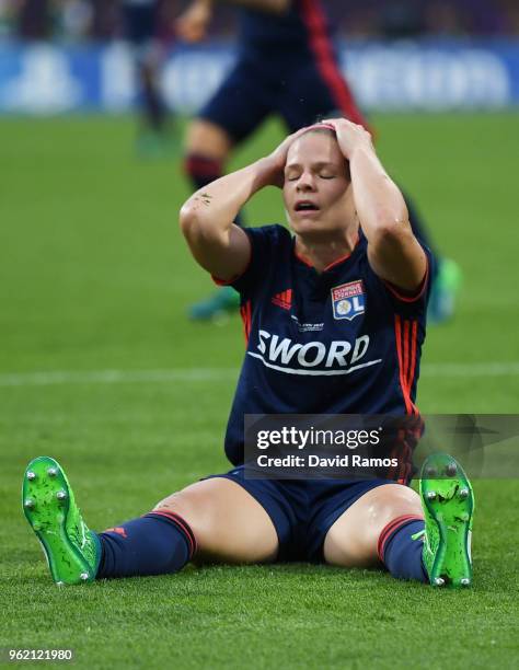 Eugenie Le Sommer of Lyon reacts during the UEFA Womens Champions League Final between VfL Wolfsburg and Olympique Lyonnais on May 24, 2018 in Kiev,...