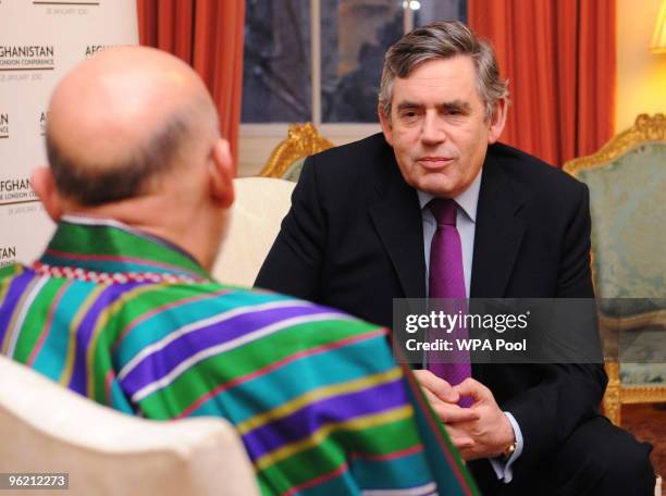 Prime Minister Gordon Brown hosts Afghan President Hamid Karzai at 10 Downing Street on January 27, 2010 in London. The Afghanistan conference begins...