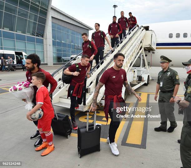 Danny Ings, James Milner, Andrew Robertson, Danny Ward and Mohamed Salah of Liverpool arrive in Kiev for the UEFA Champions League Final at...