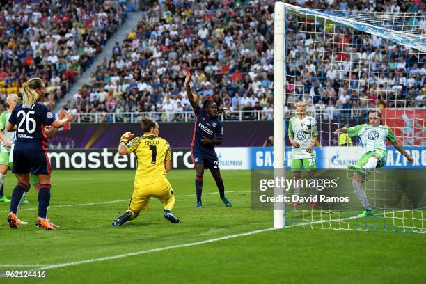 Noelle Maritz of Vfl Wolfsburg clears the ball on the goal line during the UEFA Womens Champions League Final between VfL Wolfsburg and Olympique...