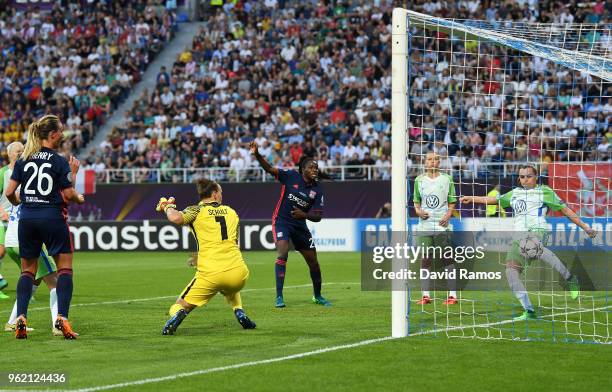 Noelle Maritz of Vfl Wolfsburg clears the ball on the goal line during the UEFA Womens Champions League Final between VfL Wolfsburg and Olympique...