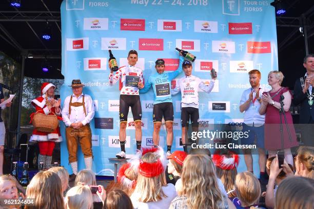 Podium / Carlos Verona of Spain and Team Mitchelton-Scott Polka Dot Mountain Jersey / Michael Albasini of Switzerland and Team Mitchelton-Scott Blue...