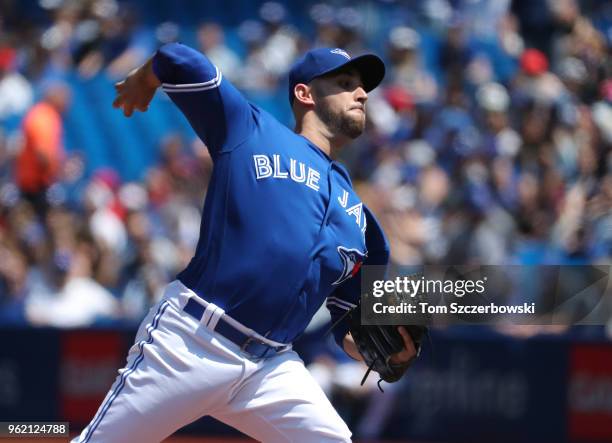 Marco Estrada of the Toronto Blue Jays delivers a pitch in the first inning during MLB game action against the Los Angeles Angels of Anaheim at...