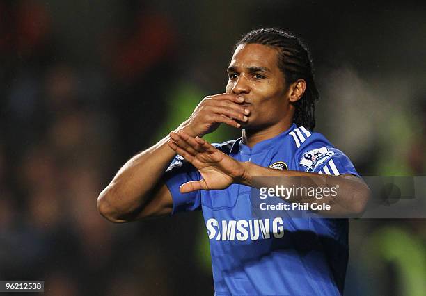 Florent Malouda of Chelsea celebrates as he scores their first goal during the Barclays Premier League match between Chelsea and Birmingham City at...