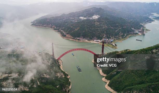 Aerial view of the construction site of Xiangxi Bridge over the Yangtze River on May 22, 2018 in Yichang, Hubei Province of China. Xiangxi Yangtze...