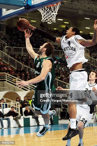 Vassilis Spanoulis, #6 of Panathinaikos Athens competes with Lawrence Roberts, #4 of Partizan Belgrade during the Euroleague Basketball 2009-2010...