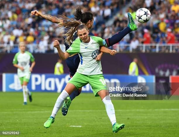 Noelle Maritz of Vfl Wolfsburg and Dzsenifer Marozsan of Lyon compete for the ball during the UEFA Womens Champions League Final between VfL...