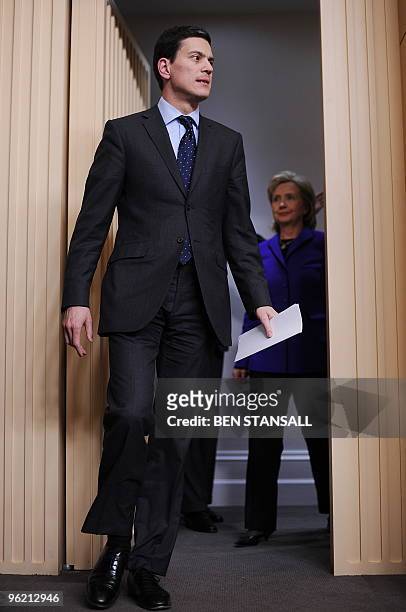 British Foreign Secretary David Miliband and US Secretary of State Hillary Clinton arrive for a press conference with Yemen's Foreign Minister Abu...