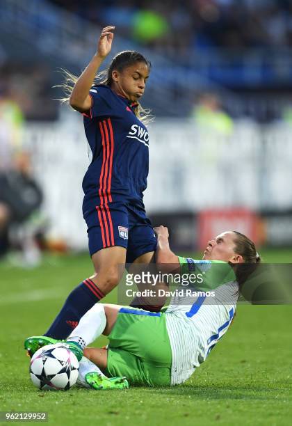 Delphine Cascarino of Lyon is tackled by Noelle Maritz of Vfl Wolfsburg during the UEFA Womens Champions League Final between VfL Wolfsburg and...