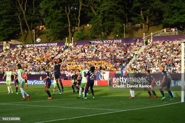 General view as players compete for the ball during the UEFA Womens Champions League Final between VfL Wolfsburg and Olympique Lyonnais on May 24,...