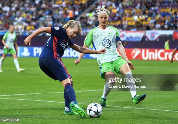 Ada Hegerberg of Lyon and Nilla Fischer of Vfl Wolfsburg in action during the UEFA Womens Champions League Final between VfL Wolfsburg and Olympique...