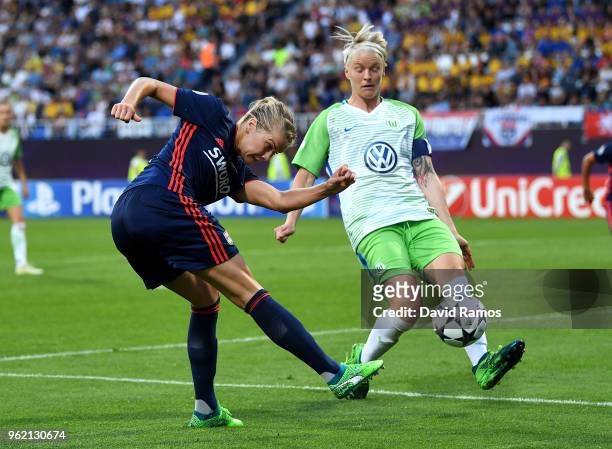 Ada Hegerberg of Lyon and Nilla Fischer of Vfl Wolfsburg in action during the UEFA Womens Champions League Final between VfL Wolfsburg and Olympique...