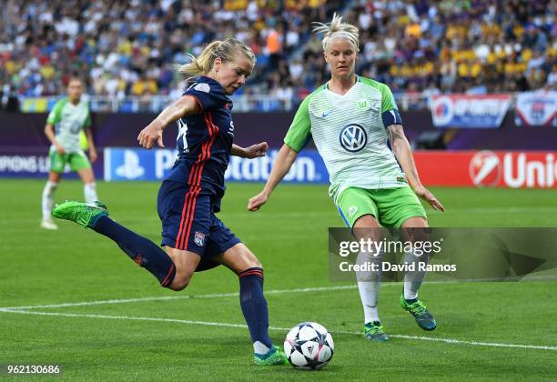 Ada Hegerberg of Lyon and Nilla Fischer of Vfl Wolfsburg in action during the UEFA Womens Champions League Final between VfL Wolfsburg and Olympique...