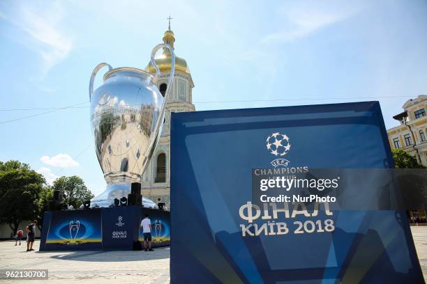 Giant replica of the UEFA Champions League trophy is on display near the Saint Sophia's Cathedral in Kyiv, Ukraine, May 24, 2018. Official UEFA...