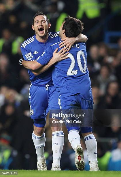 Frank Lampard of Chelsea celebrates with Deco as he scores their second goal during the Barclays Premier League match between Chelsea and Birmingham...