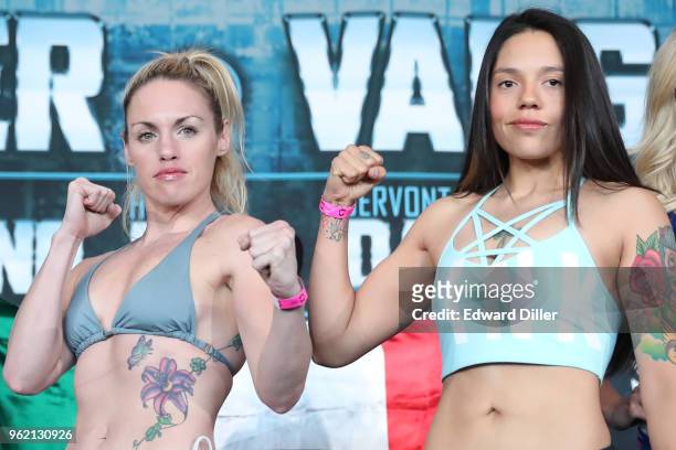 Heather Hardy and Iranda Paola Torres pose for members of the media at the weigh-ins for the April 21, 2018 Showtime Championship Boxing card at the...