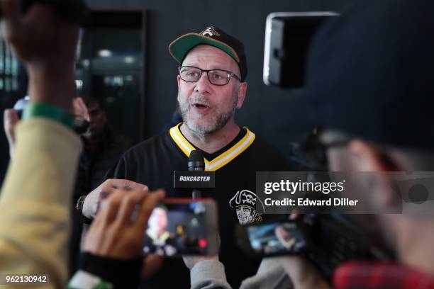 Lou DiBella of DiBella Entertainment answers questions from members of the media at the weigh-ins for the April 21st Showtime Championship Boxing...