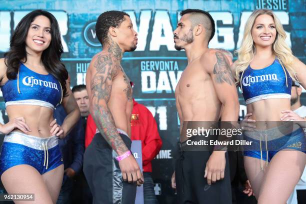 Gervonta Davis and Jesus Andres Cuellar pose for members of the media at the weigh-ins for the April 21st Showtime Championship Boxing card at the...