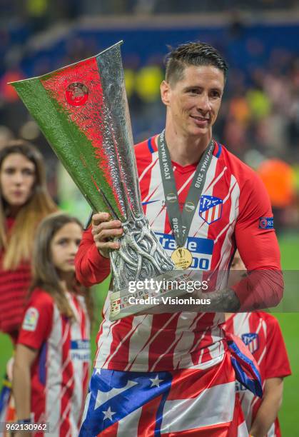 Fernando Torres celebrates as Atletico Madrid win the UEFA Europa League Final between Olympique de Marseille and Club Atletico de Madrid at Stade de...