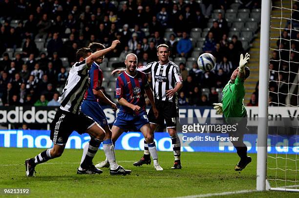 Shaun Derry of Crystal Palace scores an own goal during the Coca-Cola Championship game between Newcastle United and Crystal Palace at St James' Park...