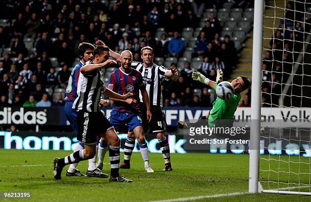 Shaun Derry of Crystal Palace scores an own goal during the Coca-Cola Championship game between Newcastle United and Crystal Palace at St James' Park...