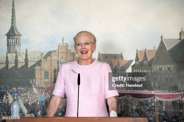 In this handout image provided by MEW and The National History Museum, Queen Margrethe of Denmark during the unveiling of a portrait of Crown Prince...