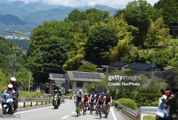 Leading group of riders in action during Minami Shinshu stage, 123.6km on Shimohisakata Circuit race, the fifth stage of Tour of Japan 2018. On...