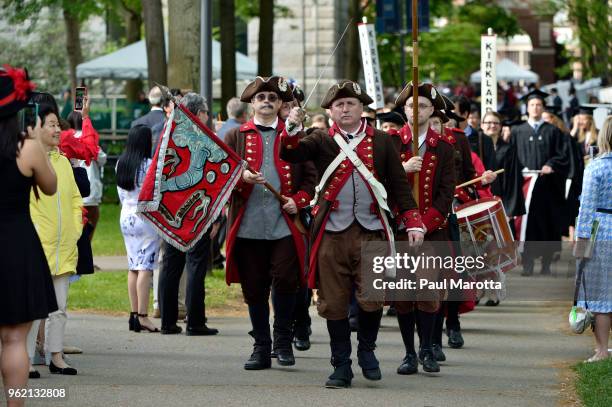Band in period costume plays at the Harvard University 2018 367th Commencement exercises at Harvard University on May 24, 2018 in Cambridge,...