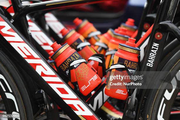 Set of Merida bikes ready for riders from Merida - Bahrain Team at the start line ahead of Minami Shinshu stage, 123.6km on Shimohisakata Circuit...