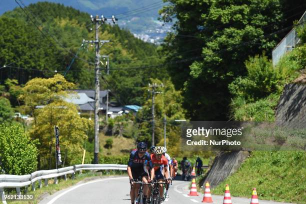 British cyclist Thomas Steward from JLT Condor Team leads the peloton during Minami Shinshu stage, 123.6km on Shimohisakata Circuit race, the fifth...
