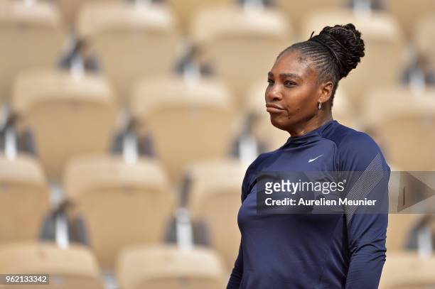 Serena Williams of Sthe United States of America reacts during a training session ahead of the French Open at Roland Garros on May 24, 2018 in Paris,...