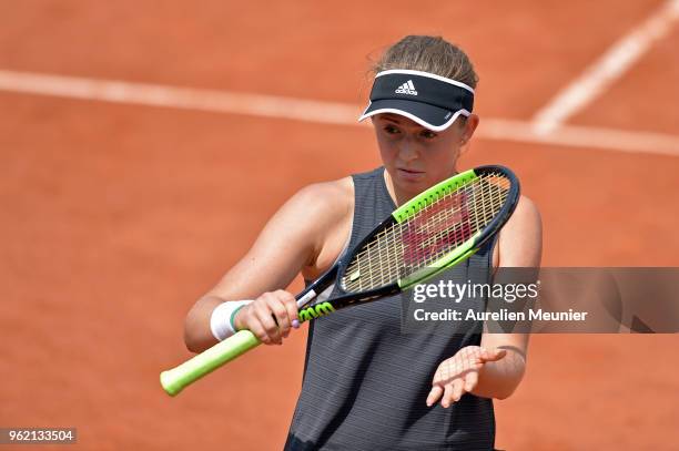 Jelena Ostapenko of Lettonia reacts during a training session ahead of the French Open at Roland Garros on May 24, 2018 in Paris, France.