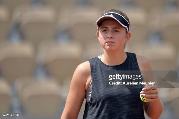 Jelena Ostapenko of Lettonia reacts during a training session ahead of the French Open at Roland Garros on May 24, 2018 in Paris, France.