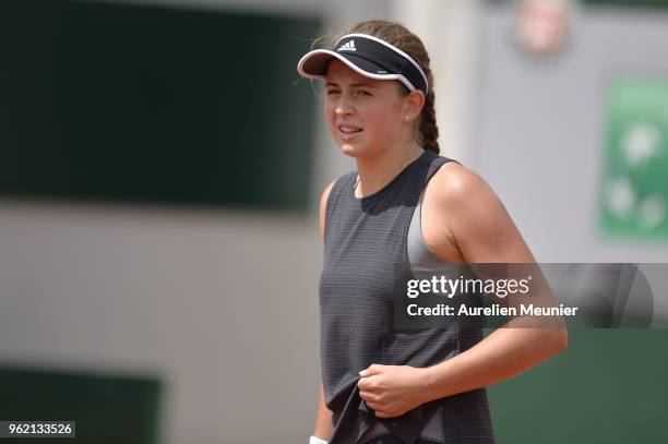 Jelena Ostapenko of Lettonia reacts during a training session ahead of the French Open at Roland Garros on May 24, 2018 in Paris, France.