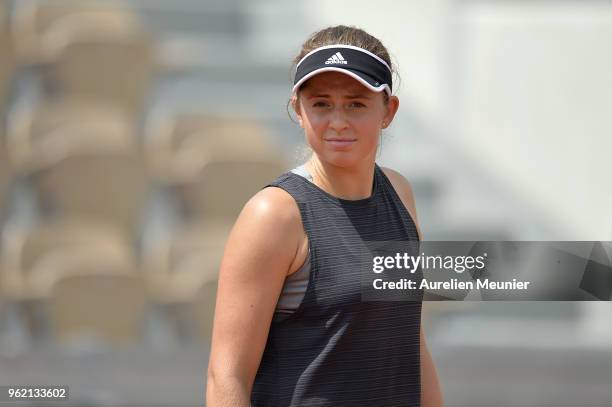 Jelena Ostapenko of Lettonia reacts during a training session ahead of the French Open at Roland Garros on May 24, 2018 in Paris, France.