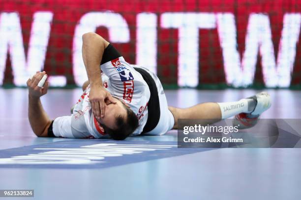 Michael Mueller of Melsungen reacts during the DKB HBL match between Rhein-Neckar Loewen and MT Melsungen at SAP Arena on May 24, 2018 in Mannheim,...