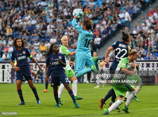 Olympique Lyonnais' French goalkeeper Sarah Bouhaddi catches the ball during the UEFA Women's Champions League final football match Vfl Wolfsburg vs...