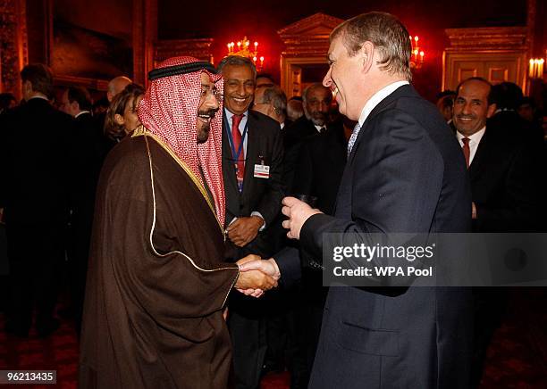 Prince Andrew, Duke of York greets Kuwait's Foreign Minister Sheikh Dr Mohammed Sabah Al Salem Al Sabah during a reception for the delegates of...