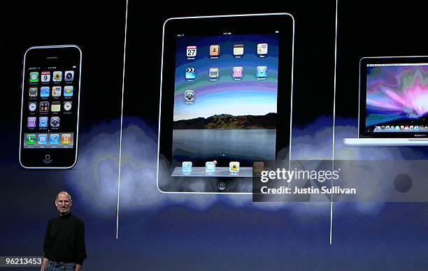 Apple Inc. CEO Steve Jobs announces the new iPad as he speaks during an Apple Special Event at Yerba Buena Center for the Arts January 27, 2010 in...