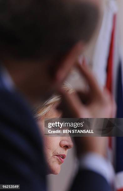 Secretary of State Hillary Clinton speaks during a press confernce with British Foreign Secretary David Miliband and Yemen's Foreign Minister, Abu...