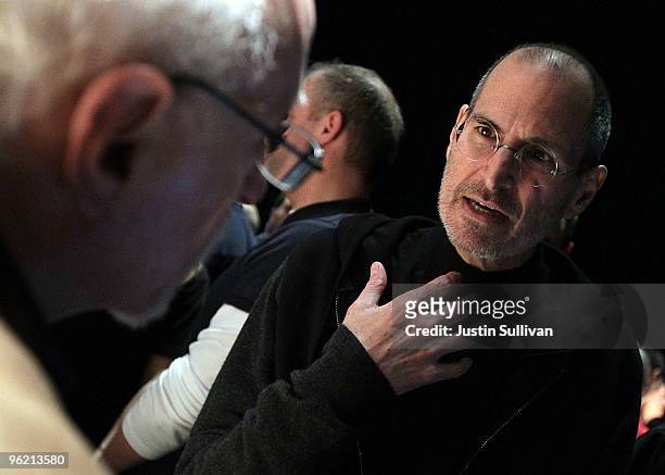 Apple Inc. CEO Steve Jobs speaks with Technology Columnist Walt Mossberg of the Wall Street Journal during an Apple Special Event at Yerba Buena...