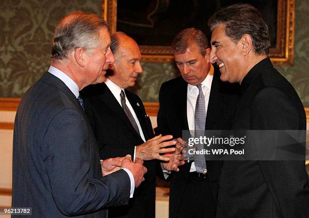 Prince Charles, Prince of Wales speaks with Pakistan's Shah Mehmood Qureshi whilst his brother Prince Andrew speaks with the Aga Khan during a...