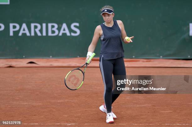 Jelena Ostapenko of Lettonia reacts during a training session ahead of the French Open at Roland Garros on May 24, 2018 in Paris, France.