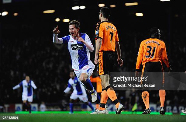 Morton Gamst Pedersen of Blackburn Rovers celebrates scoring the first goal during the Barclays Premier League match between Blackburn Rovers and...
