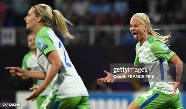 Wolfsburg's Danish forward Pernille Harder celebrates after scoring during the UEFA Women's Champions League final football match Vfl Wolfsburg vs...