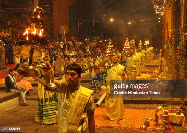 Devotees perform Aarti on the occasion of Ganga Dussehra at Dashashwamedh Ghat on May 24, 2018 in Varanasi, India. It is believed by Hindus that the...