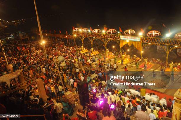 Devotees perform Aarti on the occasion of Ganga Dussehra at Dashashwamedh Ghat on May 24, 2018 in Varanasi, India. It is believed by Hindus that the...
