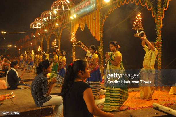 Devotees perform Aarti on the occasion of Ganga Dussehra at Dashashwamedh Ghat on May 24, 2018 in Varanasi, India. It is believed by Hindus that the...