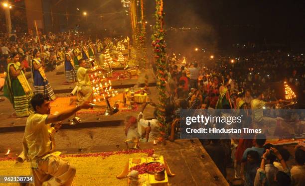 Devotees perform Aarti on the occasion of Ganga Dussehra at Dashashwamedh Ghat on May 24, 2018 in Varanasi, India. It is believed by Hindus that the...