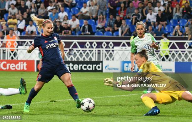 Olympique Lyonnais' French midfielder Eugenie Le Sommer scores their second goal during the UEFA Women's Champions League final football match Vfl...